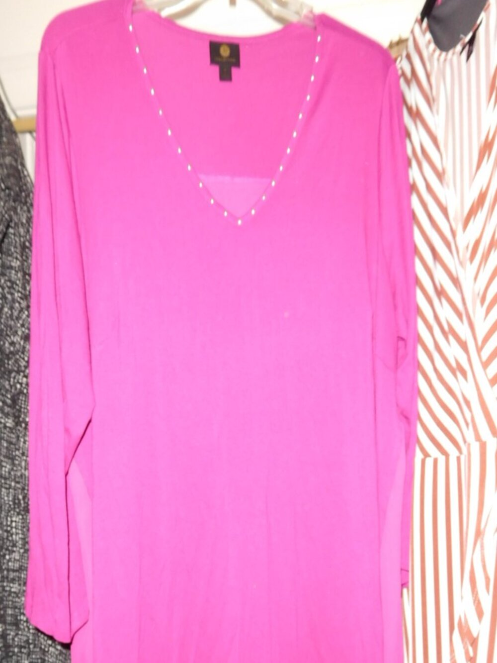 3X JM COLLECTION DARK PINK V-NECK TUNIC HI LOW TOP 3/4 sleeve
